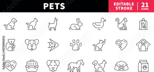 Pets editable line icons set: outline style. animal, domestic, wildlife symbols