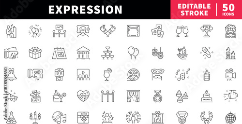 Expression editable line icons set. festivity and celebration symbols