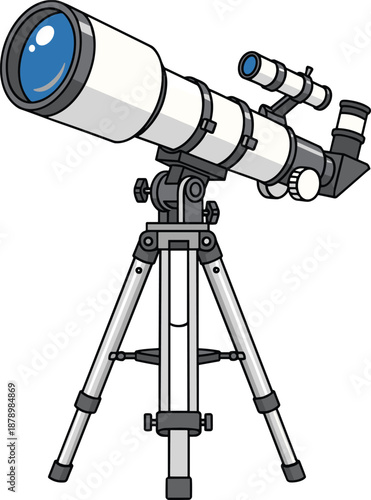 Telescope on tripod illustration, astronomical observation tool, optical tube and eyepiece, scientific equipment design, flat vector illustration