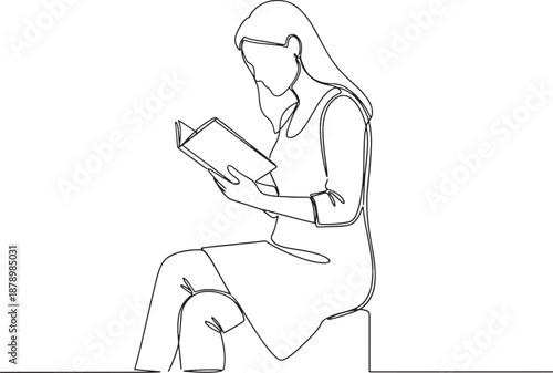 An elegant line drawing portrays a woman absorbed in reading, her posture suggesting a moment of quiet contemplation and intellectual pursuit.