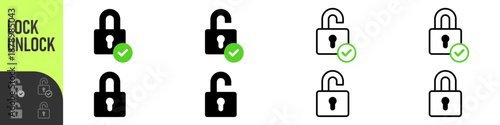 Lock and unlock security icons - padlocks in both locked and unlocked states for data privacy showing protected, verified, and access states, ideal for privacy, login, and UI systems