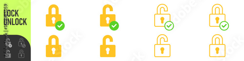 Lock and unlock security icons - padlocks in both locked and unlocked states for data privacy showing protected, verified, and access states, ideal for privacy, login, and UI systems