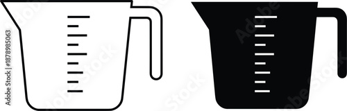 Black outline and solid measuring cup icons set for kitchen cooking baking tools and precise liquid volume measurements.