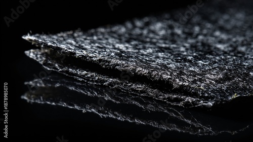 Single sheet of nori seaweed with texture detail, black background, graphic minimalism