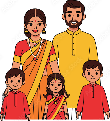Traditional Indian family cartoon illustration, cultural attire, festive portrait pose, ethnic clothing and accessories, flat vector illustration