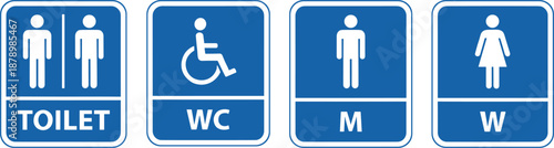 Blue public restroom signs set with white icons for male female disabled and toilet access in public buildings.