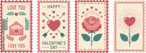 Collection of vintage Valentine's Day cards with rose and heart illustrations on a textured background from a close-up viewpoint