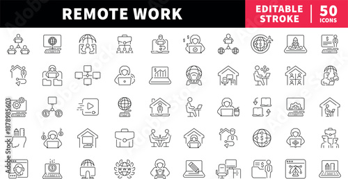 Remote work editable line icons set: home office, telecommuting symbols