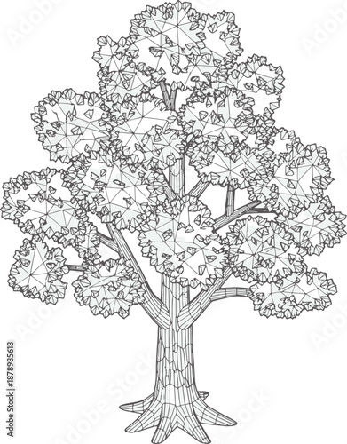 A meticulously crafted line drawing unveils a majestic tree in full bloom, revealing the intricate details of its leaves, branches, and trunk, offering a sense of the beauty of nature.