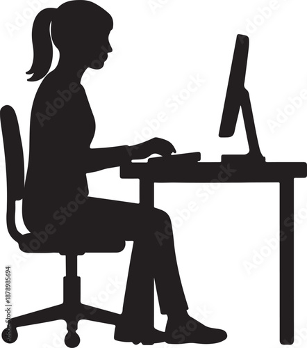 woman working on a computer at a desk black silhouette vector