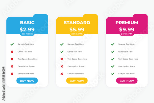 Modern Pricing Table with Basic, Standard, and Premium Subscription Plans