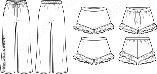 Wide-leg pants sketch, ruffled shorts variations, front and back view, drawstring waist, hem detail, flat vector illustration