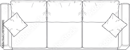 A minimalist illustration showcases a three-seater sofa, a focal point of comfort and design, with two decorative pillows accentuating its inviting allure.