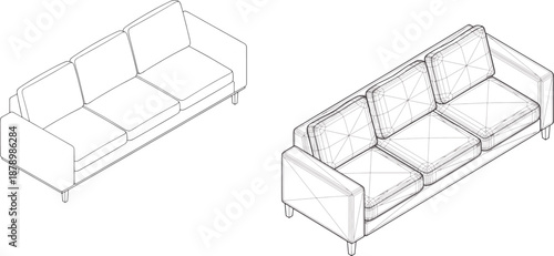 Line art of two contemporary sofa designs, showcasing furniture in a modern living space. Perfect for interior design projects.