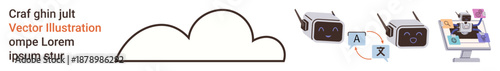 Cloud computing, AI translation, language processing, international communication, digital tools, technology advancements. Cloud with AI-powered translation devices and digital workstations. Cloud