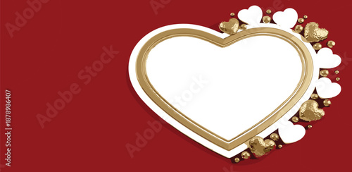 Golden heart ornament surrounded by hearts on red background, viewed from directly above