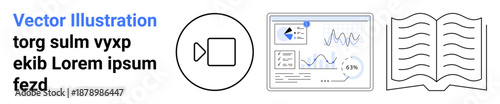 Media production, data visualization, analytics, online documentation, digital workflow, information sharing. Minimal icons including video symbol, analytics dashboard and an open book. Video