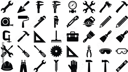 Construction hand tools, hardware equipment icons, carpentry, renovation, building maintenance, plumbing, DIY workshop, industrial repair, manual labor, and professional craftsman symbols