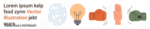 Biometrics, creativity, conflict resolution, security, individuality, innovation. A fingerprint, lightbulb boxing gloves and hand gesture together. Biometrics and creativity illustration