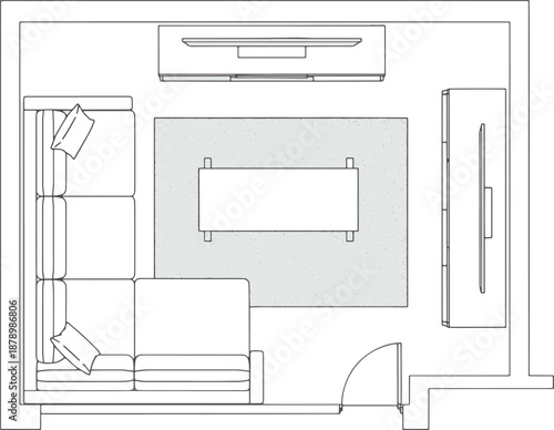 A modern room plan featuring a sofa, a table, and a TV setup, with a clear layout designed for comfortable living.