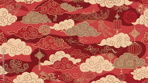Red And Gold Clouds With Chinese Lanterns And Traditional Motifs Seamless Pattern