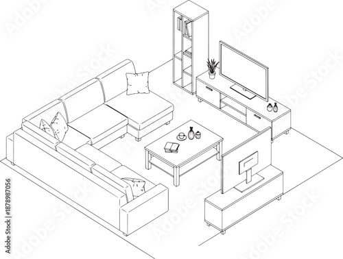 A detailed blueprint of a cozy living space, showcasing a contemporary layout with a comfortable sofa, entertainment setup, and stylish coffee table, all meticulously illustrated in a clean.