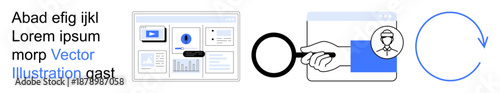 Web security, data protection, identity verification, online research, data visualization, systems analysis. A dashboard, magnifying glass document scrutiny and refresh symbol. Web security