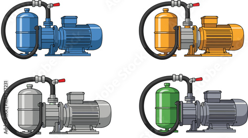 Colorful electric water pump set, motor and tank design, pressure hose system, industrial equipment illustration, flat vector illustration