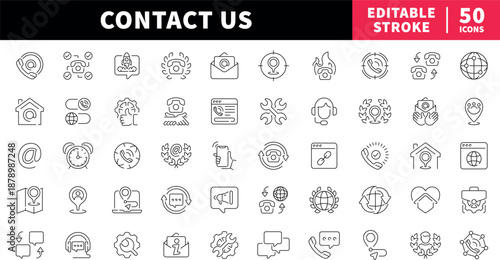 Contact us editable line icons set. communication and support elements