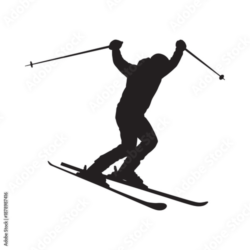 Silhouette of a skier in motion arms raised in a joyful pose