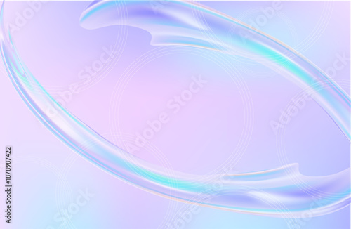 3D render of an abstract nature landscape featuring a transparent glossy glass ribbon floating on water. Holographic curved wave in dynamic motion with iridescent gradient reflections. Modern minimal 