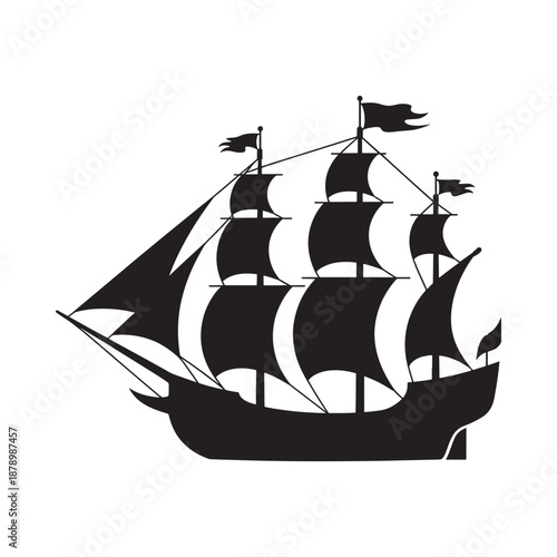 Silhouette of a historic sailing ship with tall masts and billowing sails