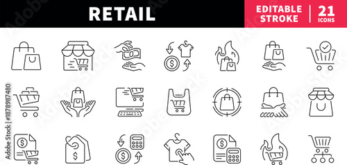 Retail editable line icons set. shopping and commerce symbols