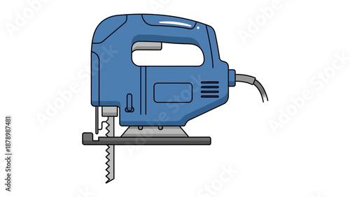 Blue electric jigsaw power tool for cutting wood, isolated white background.