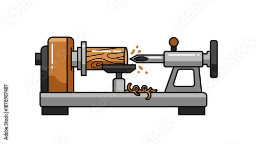 Wood lathe machine with turning wooden piece, isolated white background.