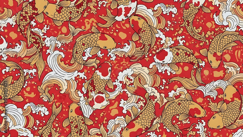 Vibrant red and gold seamless pattern featuring elegant swimming koi fish and traditional Japanese waves, creating an ornate aquatic design for cultural backgrounds and textiles