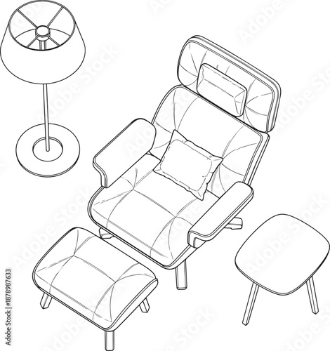 Elegant illustration showcases a contemporary interior, featuring a sleek armchair with matching ottoman and a stylish floor lamp, a sanctuary of modern design.