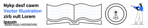 Open book with lines, compass symbol framed in a circle, person gesturing with pen. Ideal for education, creativity, learning, navigation, minimalism, planning simple landing page
