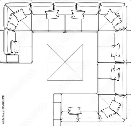 An abstract high-angle sketch of a stylish U-shaped sectional sofa with plush pillows arranged around a central square coffee table.