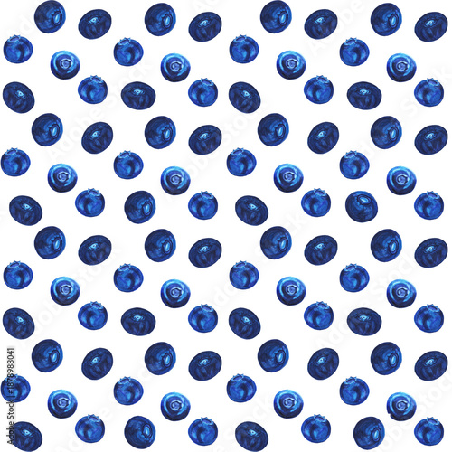 seamless pattern of delicious blueberries, a watercolor illustration on a white background. Sweet and refreshing berry illustrations. Hand-drawn blue berries.