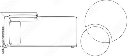 An architectural interior layout features an artistic sectional sofa with abstract coffee tables and cushions, providing comfort and style in any space.