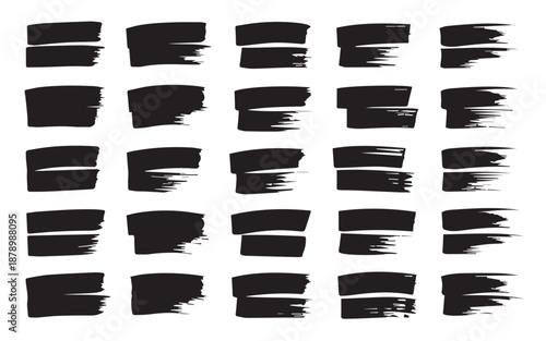 A comprehensive collection of diverse black paint brush strokes and grunge texture elements for artistic design projects