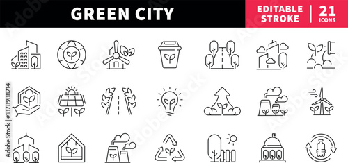 Green city editable line icons set. eco and sustainable symbols