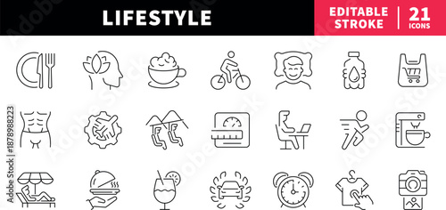 Lifestyle editable line icons set: activities, relaxation, fitness