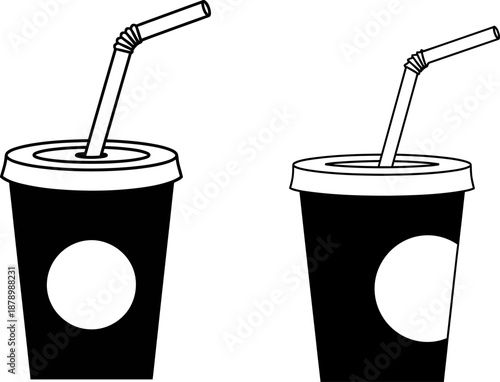 Simple illustration of two black disposable cups with straws for cold drinks