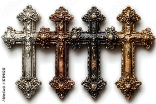 Four ornate metal crosses showcased in varying shades and detailed designs