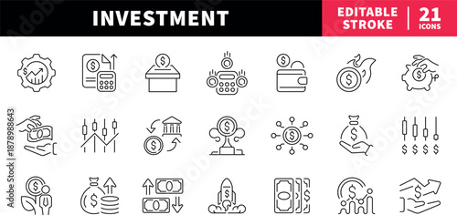 Investment editable line icons set: finance and money symbols in outline style