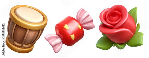 Playful and Soft 3D Illustration of Candy, Rose, and Drum for Aesthetic Mood