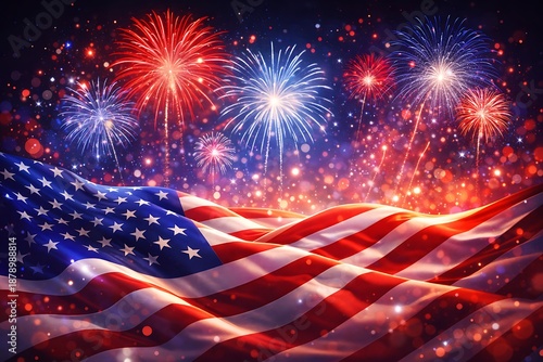 American Flag Waving with Fireworks Display on Independence Day Night