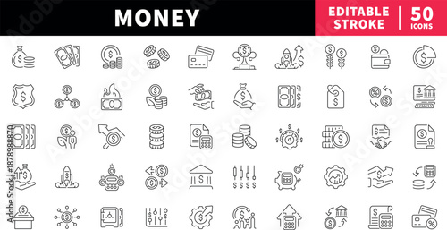 Finance editable line icons set. money and banking symbols